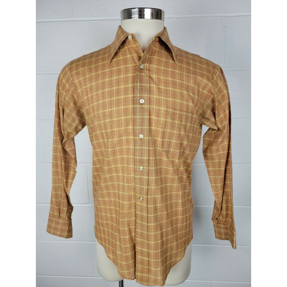 Vtg 1960s Donegal Cotton Blend Red Plaid‎ Tapered Button Front Shirt 15-15.5 M
